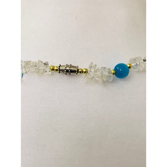 Short Beaded Necklace, Clear Chip Beads with Blue Round Beads, 19" Long - Picture 5 of 6